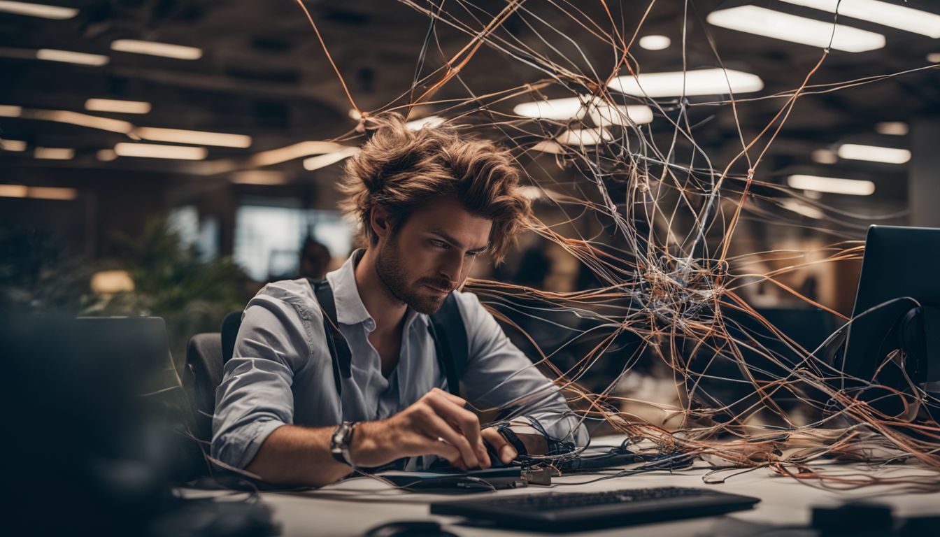 A person in an office setting looking at a tangled web of wires and cables. A person in an office setting looking at a tangled web of wires and cables. Why Do Intelligent People Overthink
