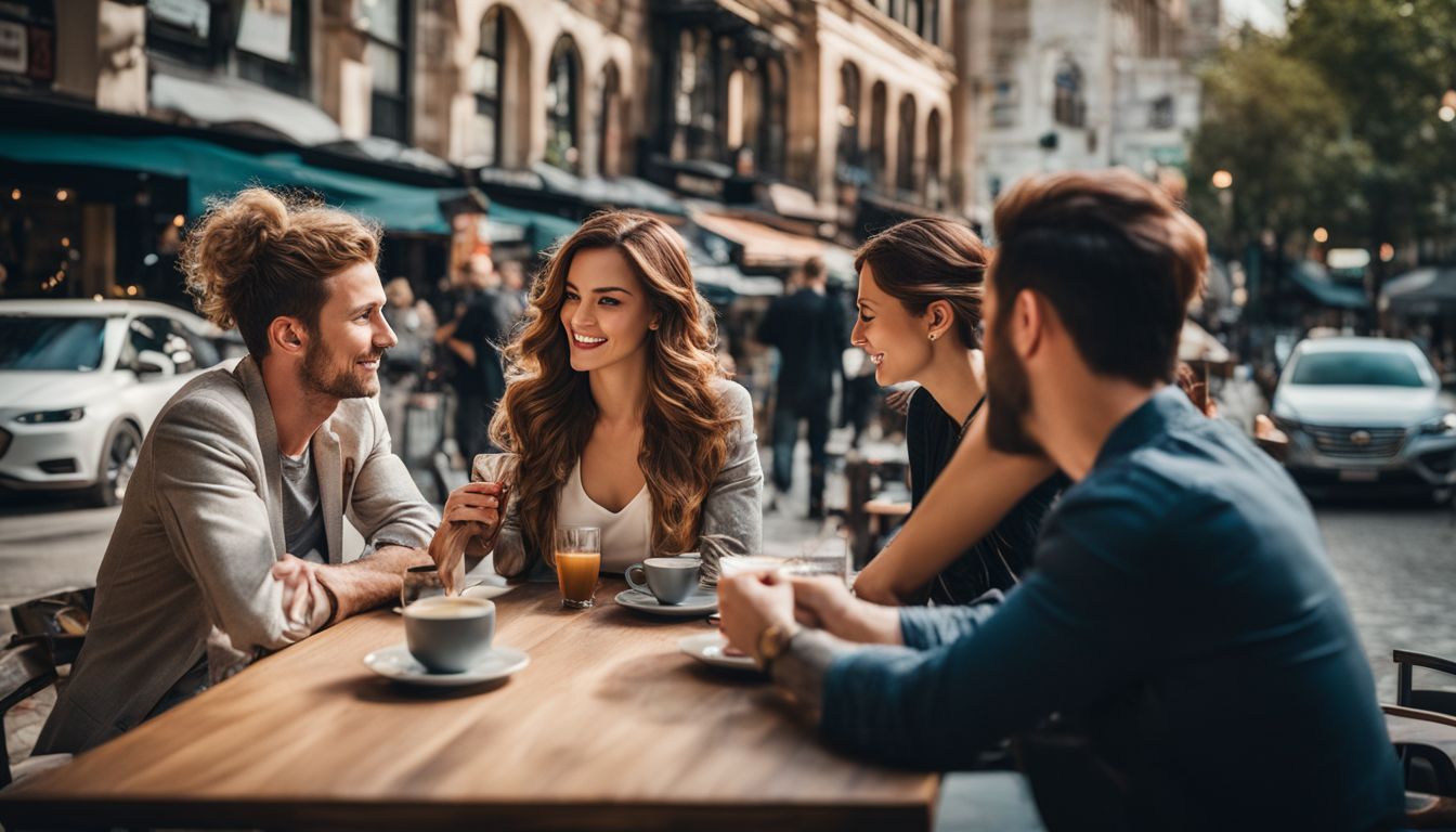 A diverse group engaged in deep conversation at a bustling city cafe. A diverse group engaged in deep conversation at a bustling city cafe.