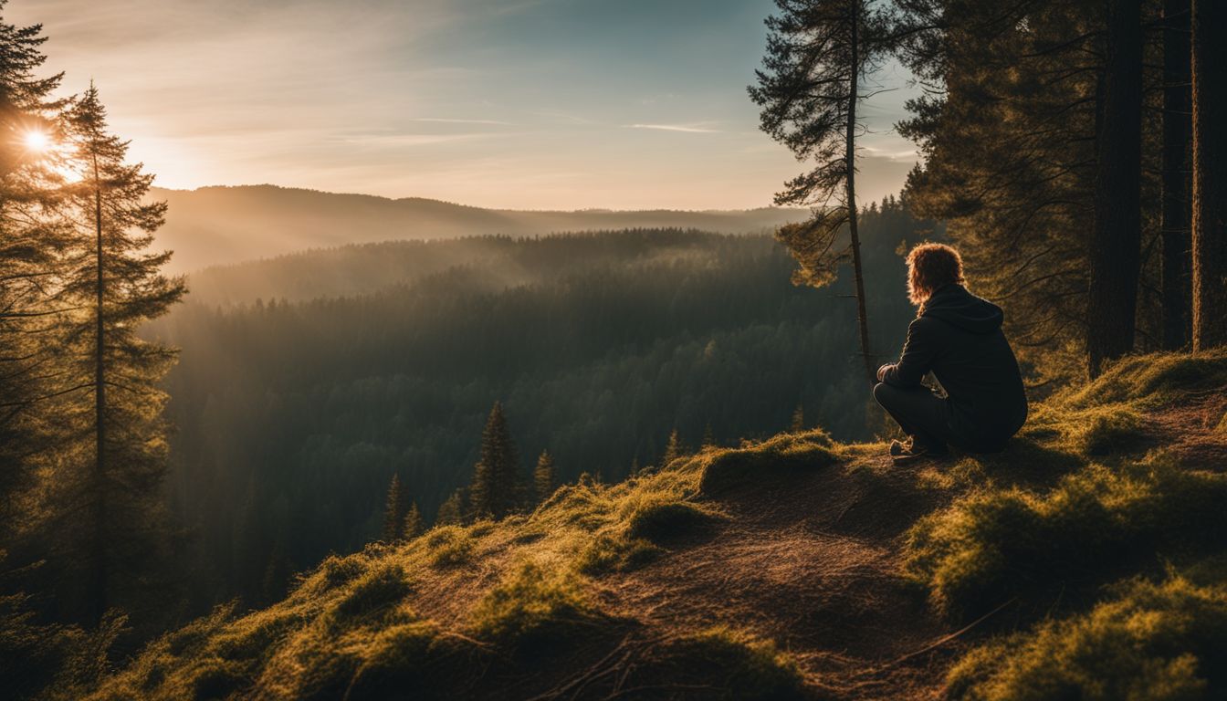 A person pondering deep in thought within a tranquil forest setting. A person pondering deep in thought within a tranquil forest setting.