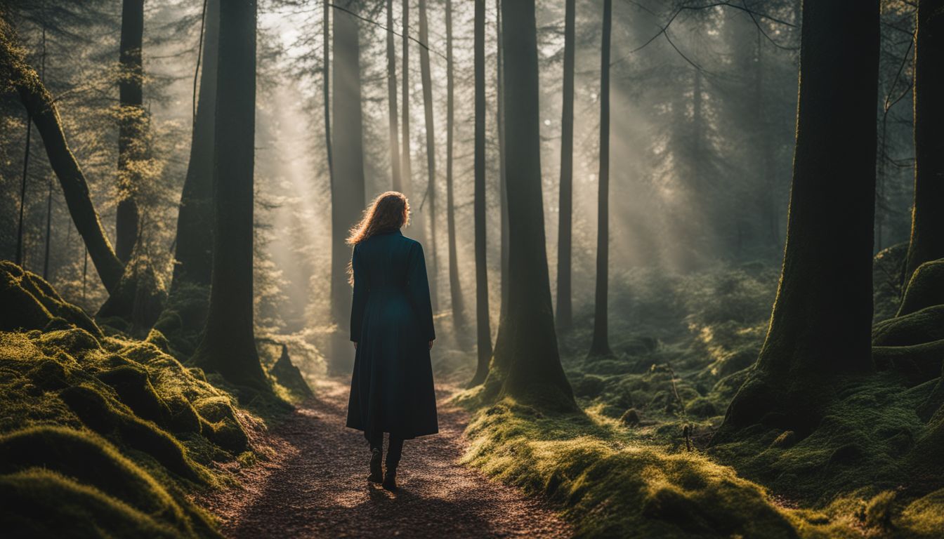 A person standing alone in a peaceful forest surrounded by nature. A person standing alone in a peaceful forest surrounded by nature.