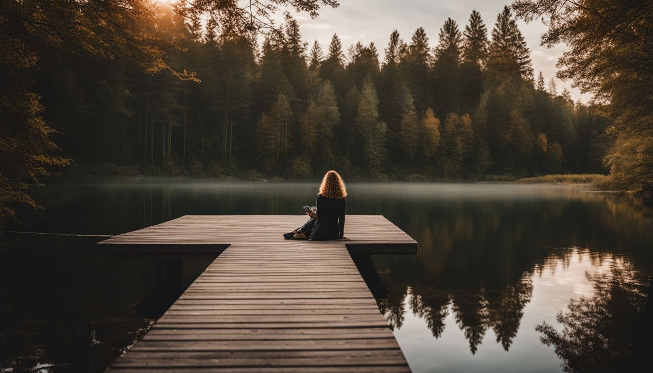A person sits alone on a quiet lakeside dock surrounded by serene nature. A person sits alone on a quiet lakeside dock surrounded by serene nature.