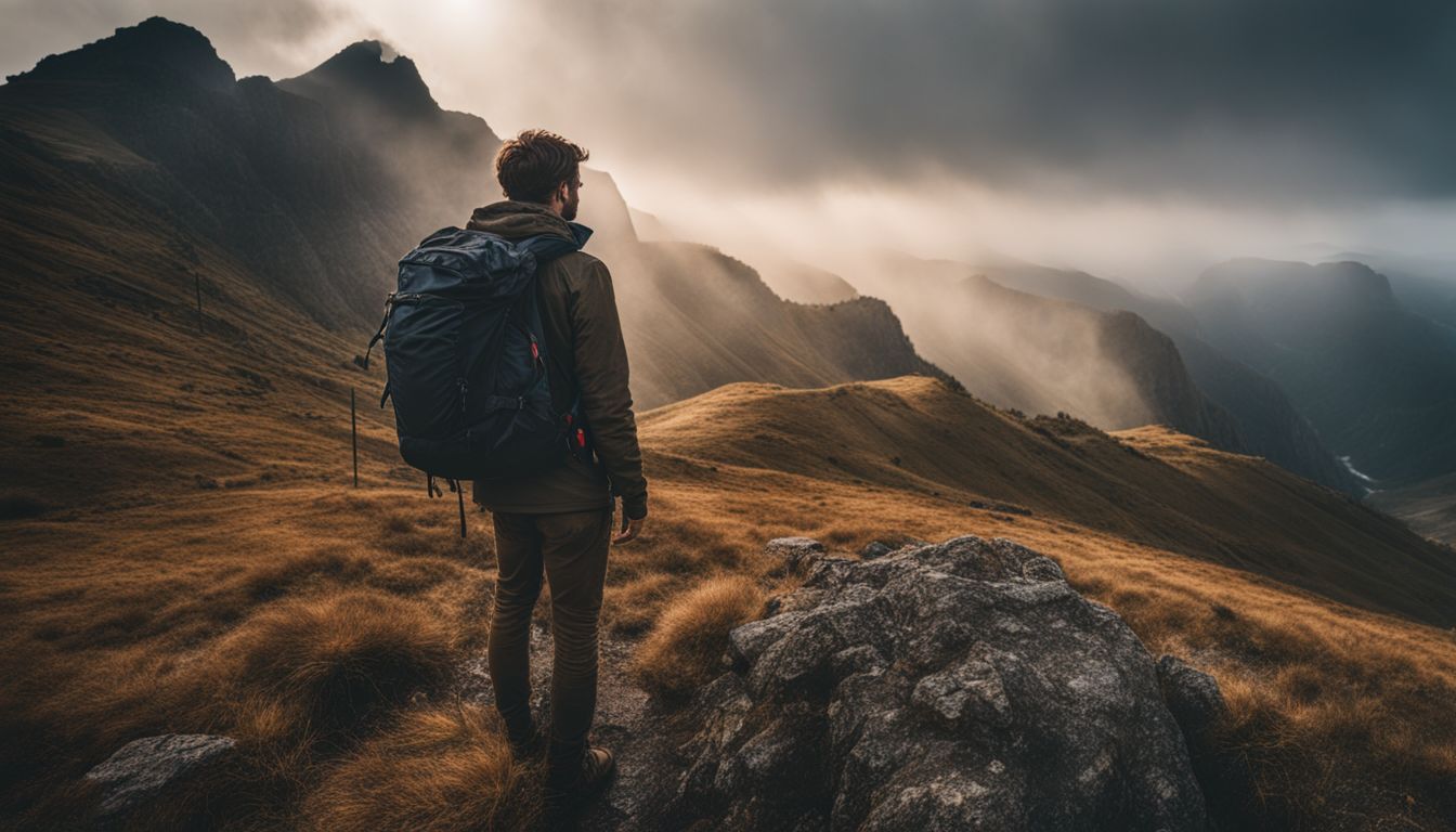 A person stands alone on a misty mountaintop surrounded by rugged terrain. A person stands alone on a misty mountaintop surrounded by rugged terrain.