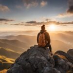 A person standing on a mountain peak, looking out at the horizon.