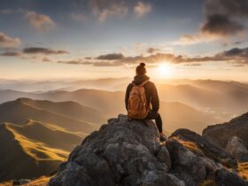A person standing on a mountain peak, looking out at the horizon.