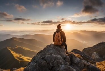 A person standing on a mountain peak, looking out at the horizon.