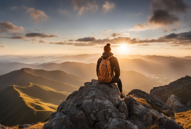 A person standing on a mountain peak, looking out at the horizon.
