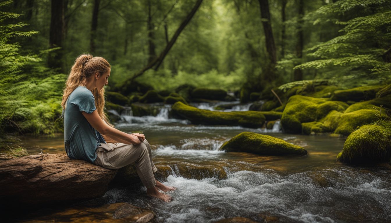 A person sitting alone in a tranquil forest surrounded by nature.