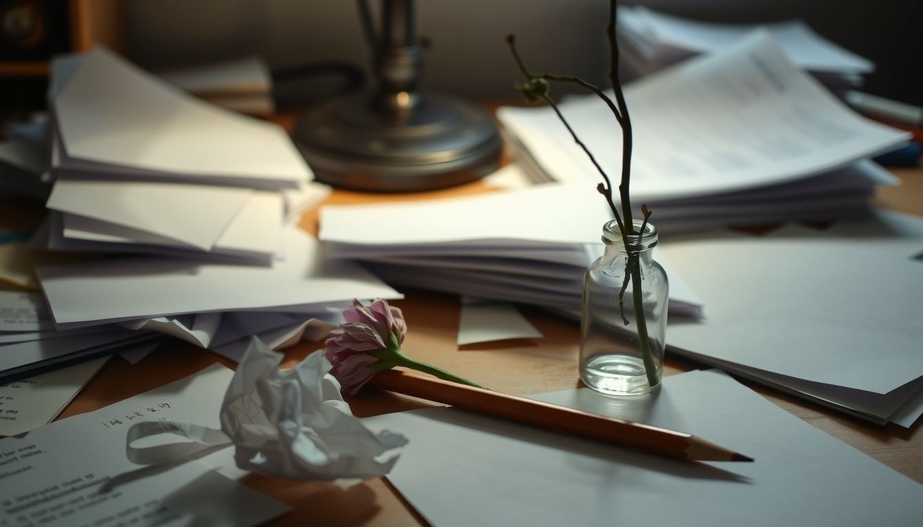 A cluttered desk with scattered papers, a twisted pencil, and a wilting flower. A cluttered desk with scattered papers, a twisted pencil, and a wilting flower.