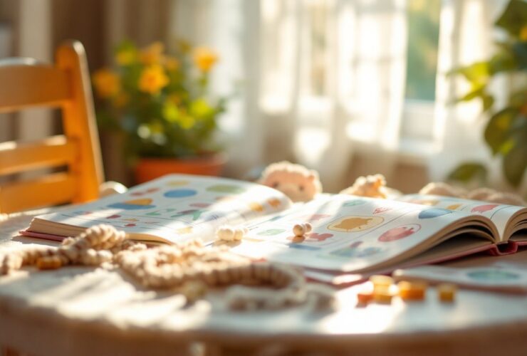 A cozy child’s play table with a colorful, interactive Quiet Book.