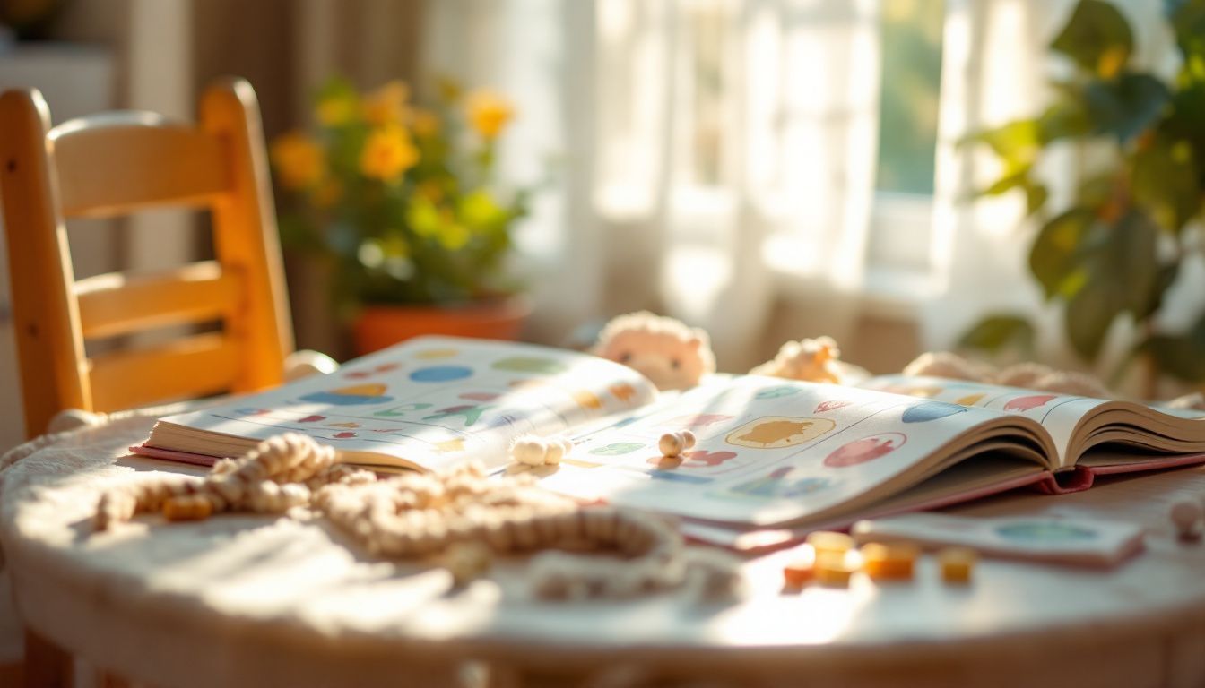 A cozy child’s play table with a colorful, interactive Quiet Book.
