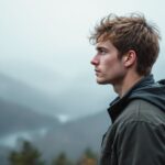 A young man standing alone on a misty mountaintop gazes at the foggy landscape.