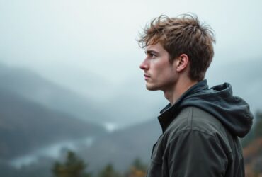 A young man standing alone on a misty mountaintop gazes at the foggy landscape.
