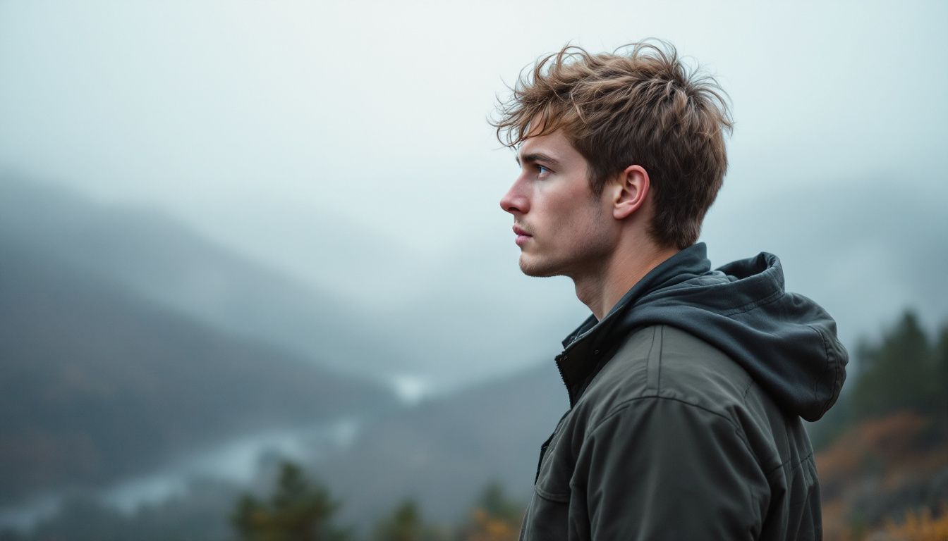 A young man standing alone on a misty mountaintop gazes at the foggy landscape.