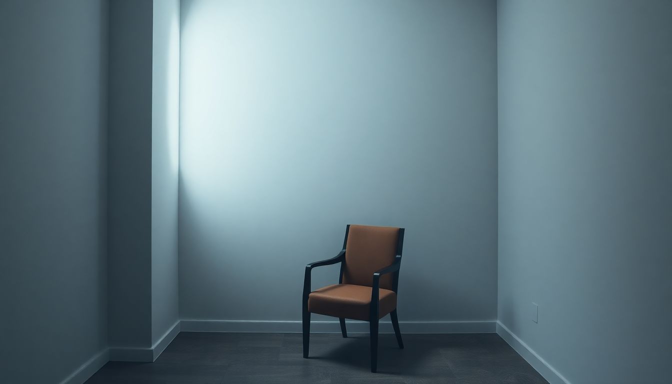 An empty chair in softly lit room conveys a sense of contemplation. An empty chair in softly lit room conveys a sense of contemplation.