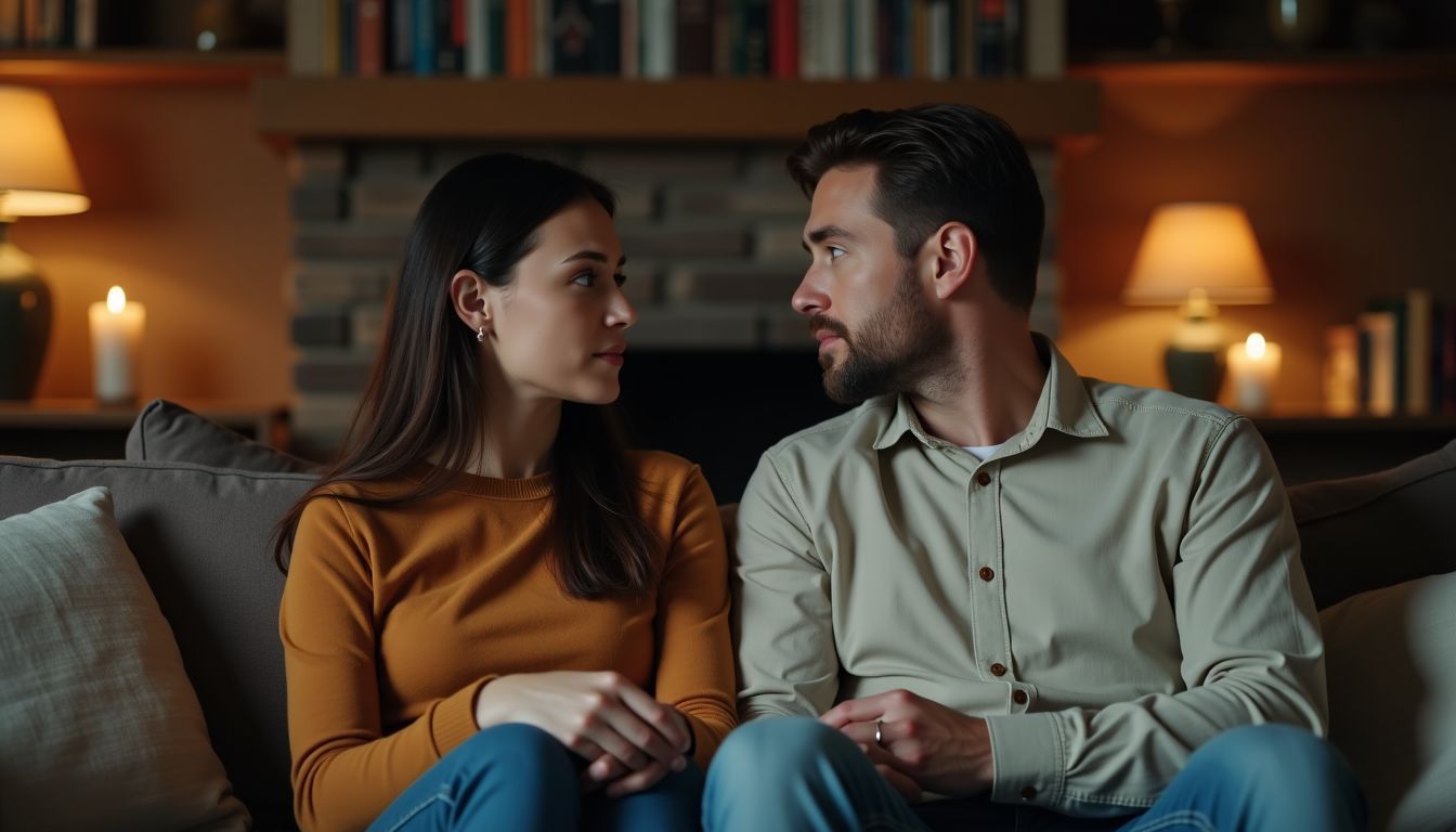 A couple having a serious conversation in a cozy living room.