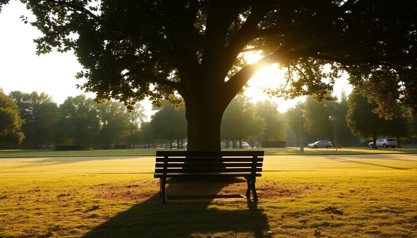 An empty park bench under a tree in the late afternoon.