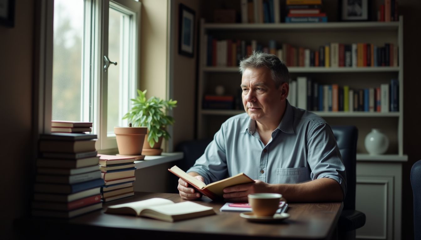 A man reading book with piles of books and a cup of tea.